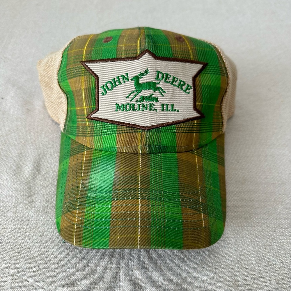 Vintage John Deere Plaid Linen Cotton burlap adjustable Velcro hat